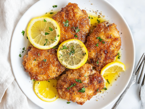 This image showcases golden brown, crispy lemon pepper chicken thighs, topped with fresh lemon slices for a burst of citrus flavor.