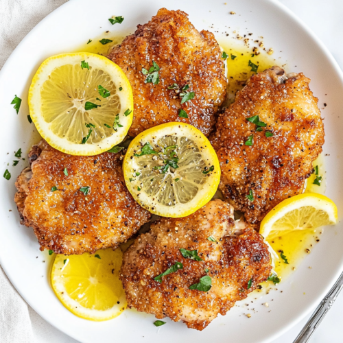 This image showcases golden brown, crispy lemon pepper chicken thighs, topped with fresh lemon slices for a burst of citrus flavor.