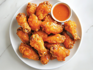 This image showcases a plate of crispy mango habanero wings served on a round white plate, with a side of dipping sauce in a small bowl.