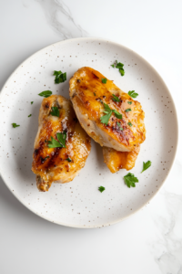 This image shows a beautifully roasted split chicken breast with a crispy, golden-brown skin, garnished with fresh cilantro and ready to be served.