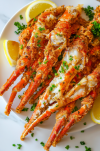 This image shows golden, crispy fried crab legs beautifully arranged on a white plate, served with fresh lemon wedges and a sprinkle of finely chopped herbs for a vibrant and appetizing final touch.