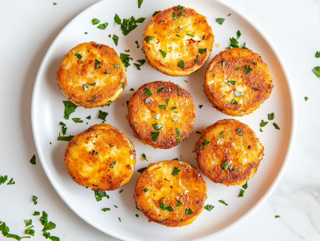 This image shows crispy and golden brown crab cakes in a round shape, fresh out of the oven, served on a round white plate and garnished with finely chopped cilantro for a vibrant touch.