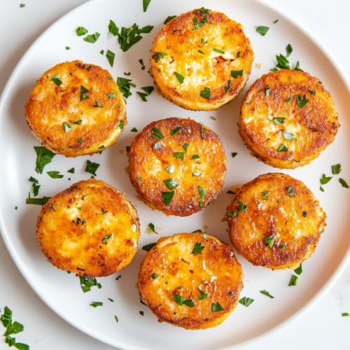 This image shows crispy and golden brown crab cakes in a round shape, fresh out of the oven, served on a round white plate and garnished with finely chopped cilantro for a vibrant touch.