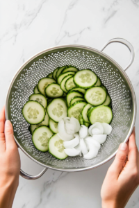 This image shows a colander filled with cucumber and onion slices, draining away excess liquid to prevent the salad from becoming watery.