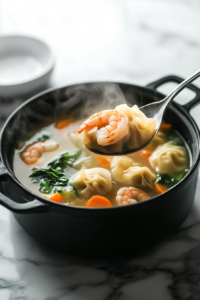 This image shows a beautifully plated bowl of Wor Wonton Soup, served hot with perfectly cooked wontons, shrimp, and vegetables in a flavorful broth.