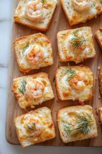 This image shows the finished Cheesy Shrimp Tea Sandwiches, now garnished and ready to be served.