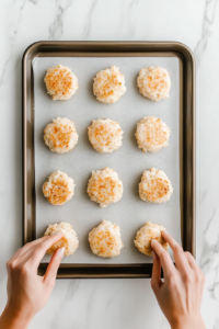 This image shows crab cakes being carefully shaped into evenly sized round portions by hand and arranged neatly on a baking sheet, ready for baking.