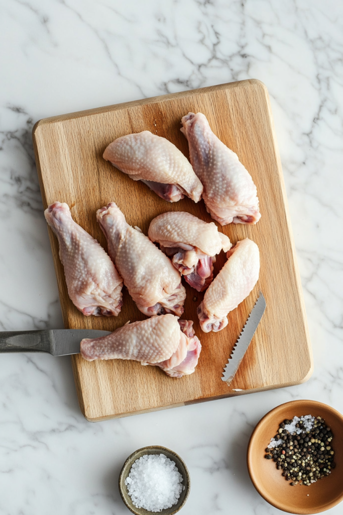 This image shows fresh chicken wings being carefully cut into drumettes and flats on a wooden cutting board, prepping them for cooking.