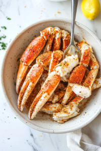 This image shows fresh crab meat generously seasoned with a blend of spices, including salt, pepper, and paprika, to enhance its natural flavors before frying.