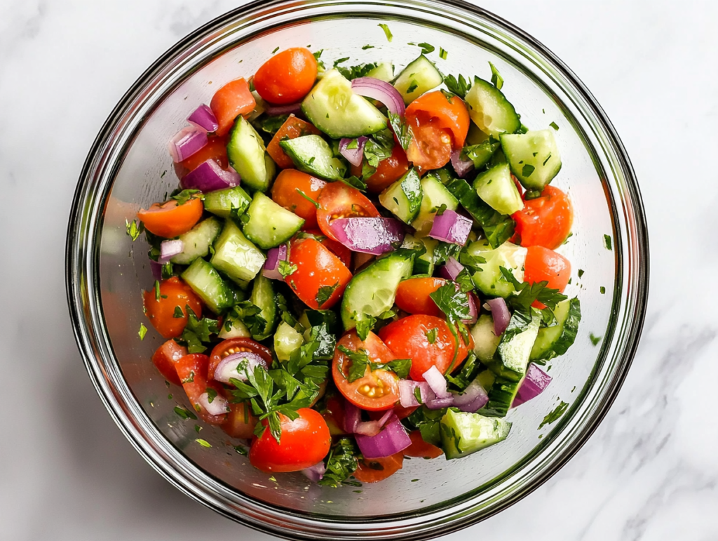 This image shows the process of combining freshly chopped cucumbers, tomatoes, onion, and parsley in a bowl, preparing the base for a refreshing cucumber and tomato salad.