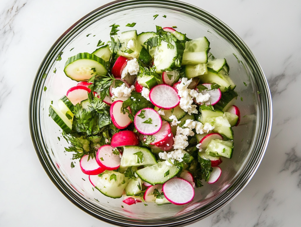 This image shows a fresh cucumber radish salad with vibrant slices of cucumber and radish, topped with crumbled cheese, creating a refreshing and flavorful dish.