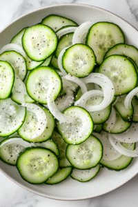 This image shows thinly sliced cucumbers and onions arranged in a bowl, the first step in preparing a refreshing German cucumber salad.