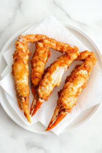 This image shows freshly fried crab legs placed on a paper towel-lined plate, allowing excess grease to drain for a crispier and lighter texture.