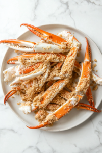 This image shows freshly dredged crab legs placed neatly on a plate, ready to be fried to golden perfection. The coating is evenly applied for a crispy and delicious texture.