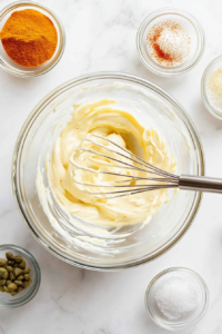 This image shows a selection of key ingredients, including mayonnaise, mustard, lemon juice, hot sauce, and Creole seasoning, neatly arranged on a countertop, ready to be combined for a flavorful crab cake sauce.