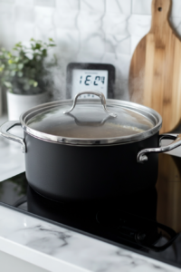 This image shows the chicken gravy gently simmering, allowing the flavors to deepen and the chicken to cook until tender.