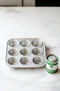 This image shows the process of greasing a muffin tin with oil or butter to prepare it for pouring in the savory vegetable muffin mixture, ensuring the muffins don't stick while baking.