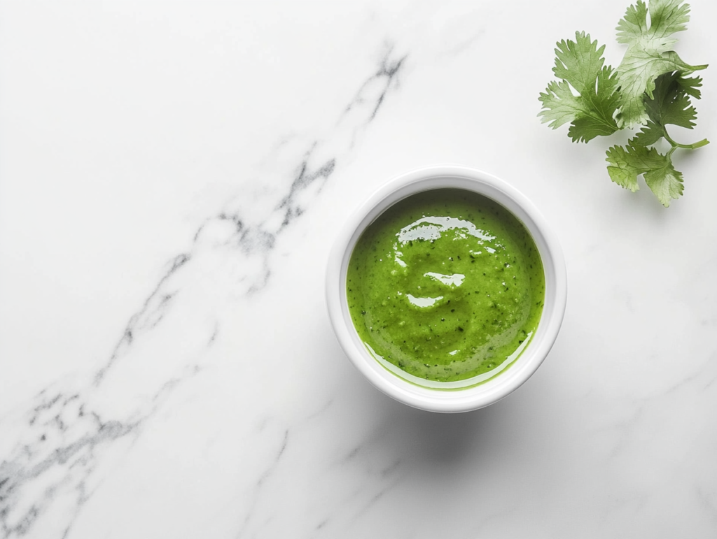 This image shows a vibrant, freshly prepared green chutney made with green chili, peanuts, salt, and fresh lemon juice, sitting in a white bowl ready to be served.