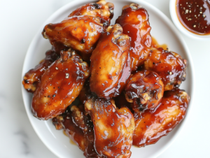 This image shows a plate of honey BBQ wings, perfectly coated in a rich, glossy sauce, with a crispy brown exterior and a tender, juicy interior.