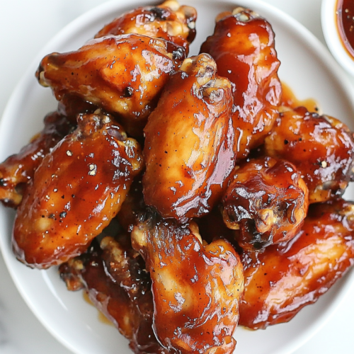 This image shows a plate of honey BBQ wings, perfectly coated in a rich, glossy sauce, with a crispy brown exterior and a tender, juicy interior.