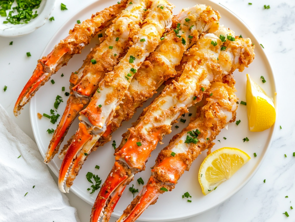 This image shows golden-brown, crispy fried crab legs served hot on a round white plate, accompanied by fresh lemon wedges and garnished with finely chopped chives or parsley for a vibrant and flavorful presentation.