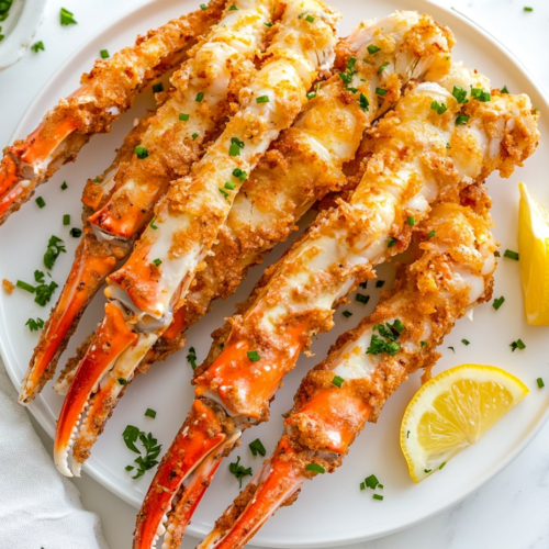 This image shows golden-brown, crispy fried crab legs served hot on a round white plate, accompanied by fresh lemon wedges and garnished with finely chopped chives or parsley for a vibrant and flavorful presentation.