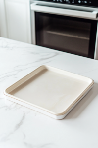 This image shows a baking sheet being carefully lined with parchment paper while the oven is preheating, ensuring an easy and even baking process for the crab cakes.