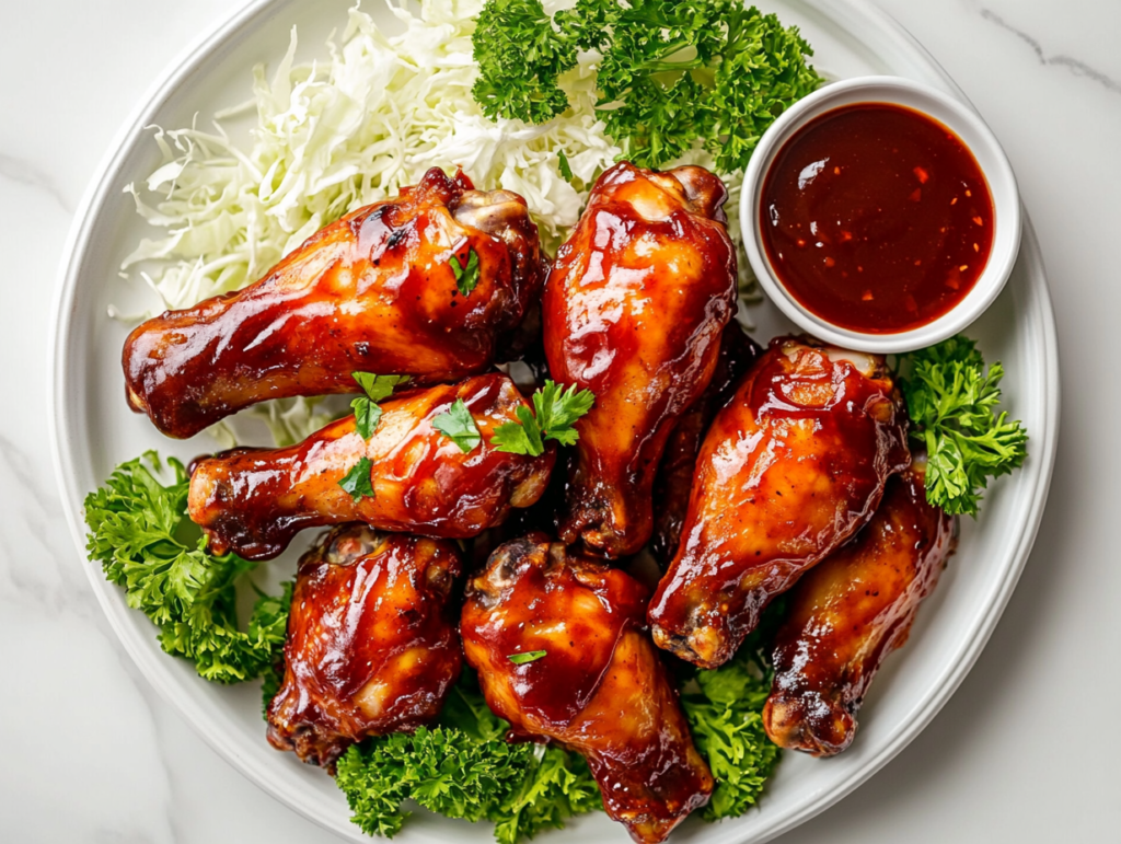 This image shows Lollipop Chicken Legs coated in a glossy barbecue glaze, served on a plate with a small bowl of extra BBQ sauce on the side.