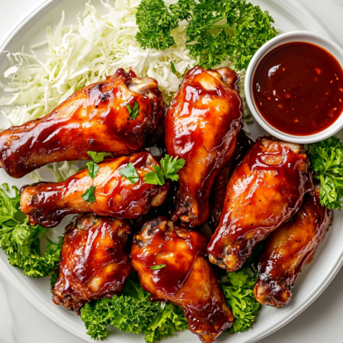 This image shows Lollipop Chicken Legs coated in a glossy barbecue glaze, served on a plate with a small bowl of extra BBQ sauce on the side.