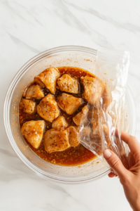 This image shows chicken pieces fully submerged in the marinade, ensuring they absorb all the flavors before frying.