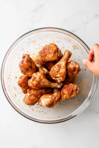 This image shows chicken legs fully coated in marinade, ensuring deep flavor penetration before baking.