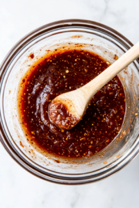 This image shows a bowl with various BBQ sauce ingredients being whisked together for a rich, flavorful glaze.