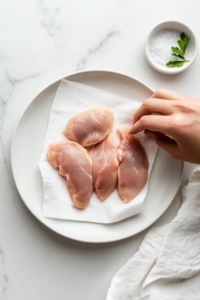 This image shows raw chicken pieces being patted dry with a paper towel before marination to ensure better texture when fried.