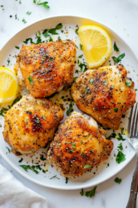 This image showcases crispy, golden lemon pepper chicken thighs served on a plate, garnished with fresh lemon slices for extra flavor.