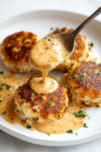 This image shows a small dish filled with vibrant orange crab cake sauce, elegantly garnished with finely chopped green onions, ready to be served alongside crispy crab cakes.