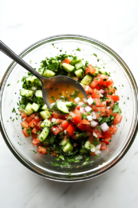 This image shows the completed cucumber and tomato salad, served in a bowl, looking vibrant and fresh, ready to be enjoyed.