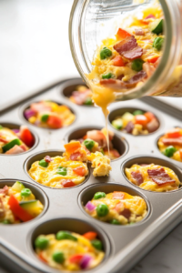 This image shows the egg and vegetable muffin mixture being poured into muffin cups, ready to be baked into delicious, fluffy muffins filled with savory ingredients.