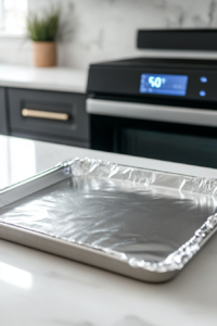 This image shows raw chicken thighs being patted dry and arranged neatly on a baking sheet, ready for seasoning.