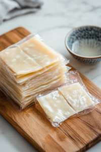 This image shows wonton wrappers neatly arranged and ready to be filled, ensuring they remain soft and pliable for easy folding.