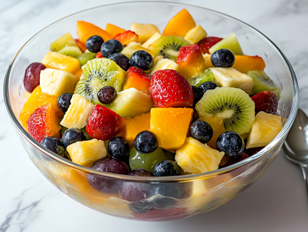 this image shows such as kiwi, strawberries, grapes, and pineapple, all carefully arranged in bite-sized pieces, colorful and refreshing salad looks ready to be enjoyed, offering a delicious mix of textures and flavors.