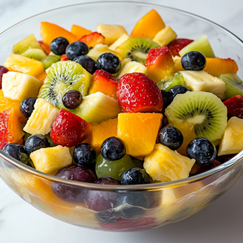 this image shows such as kiwi, strawberries, grapes, and pineapple, all carefully arranged in bite-sized pieces, colorful and refreshing salad looks ready to be enjoyed, offering a delicious mix of textures and flavors.