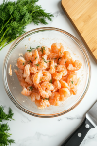 This image shows shrimp being carefully prepared, ready to be incorporated into the Cheesy Shrimp Tea Sandwich filling.