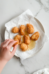 This image shows marinated chicken being lifted from the marinade and placed in a colander to drain excess liquid before coating.