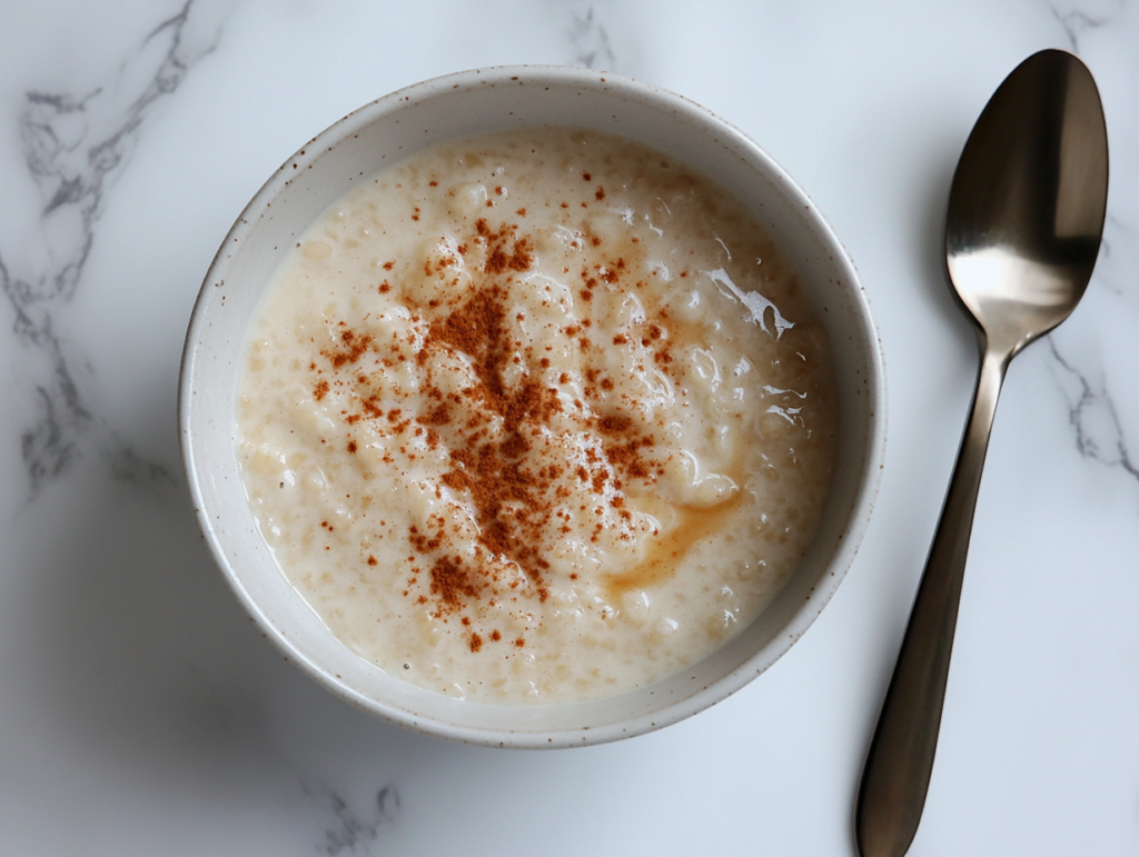 rice-pudding-with-condensed-milk-topped-with-cinnamon-powder-in-a-white-bowl-with-spoon-ready-to-be-served