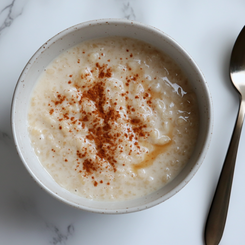 rice-pudding-with-condensed-milk-topped-with-cinnamon-powder-in-a-white-bowl-with-spoon-ready-to-be-served