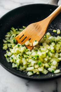 sauteing-celery-and-onions-in-skillet-top-down-view