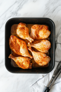 This image shows seasoned split chicken breasts placed in a roasting pan, ready to be baked for a perfectly even and flavorful roast.