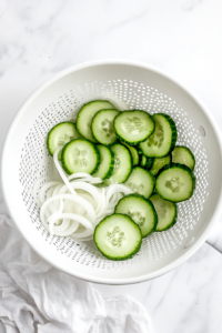 This image shows a bowl of sliced cucumbers and onions resting at room temperature, allowing them to release excess water for a crisp and flavorful German cucumber salad.