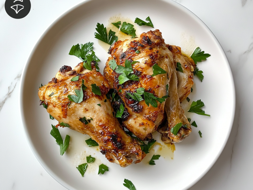 This image shows a perfectly roasted split chicken breast with a golden-brown, smoky exterior, beautifully arranged on a white plate and garnished with fresh chopped cilantro.