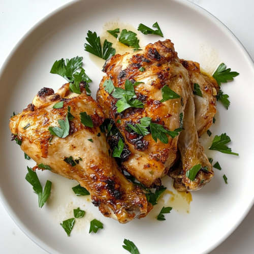 This image shows a perfectly roasted split chicken breast with a golden-brown, smoky exterior, beautifully arranged on a white plate and garnished with fresh chopped cilantro.